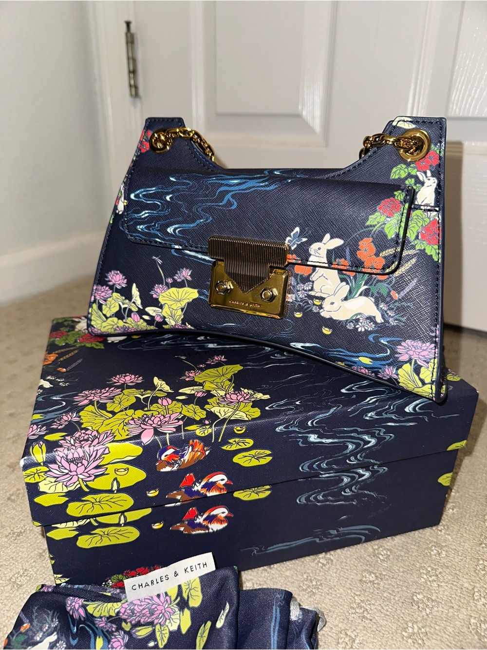 Charles & Keith 2023 Lunar New Year Rabbit Illustrated Chain Handle Bag - Navy